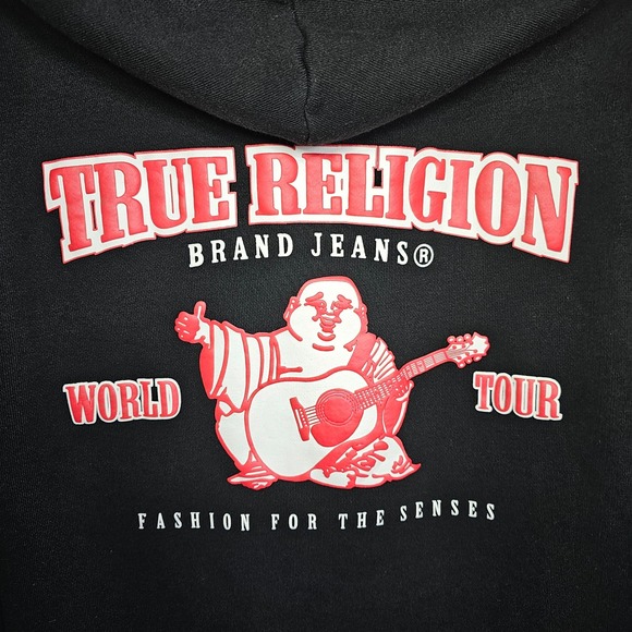 True Religion Hoodie Black Full Zip World Tour Red Logo Mens Medium M - Picture 9 of 14